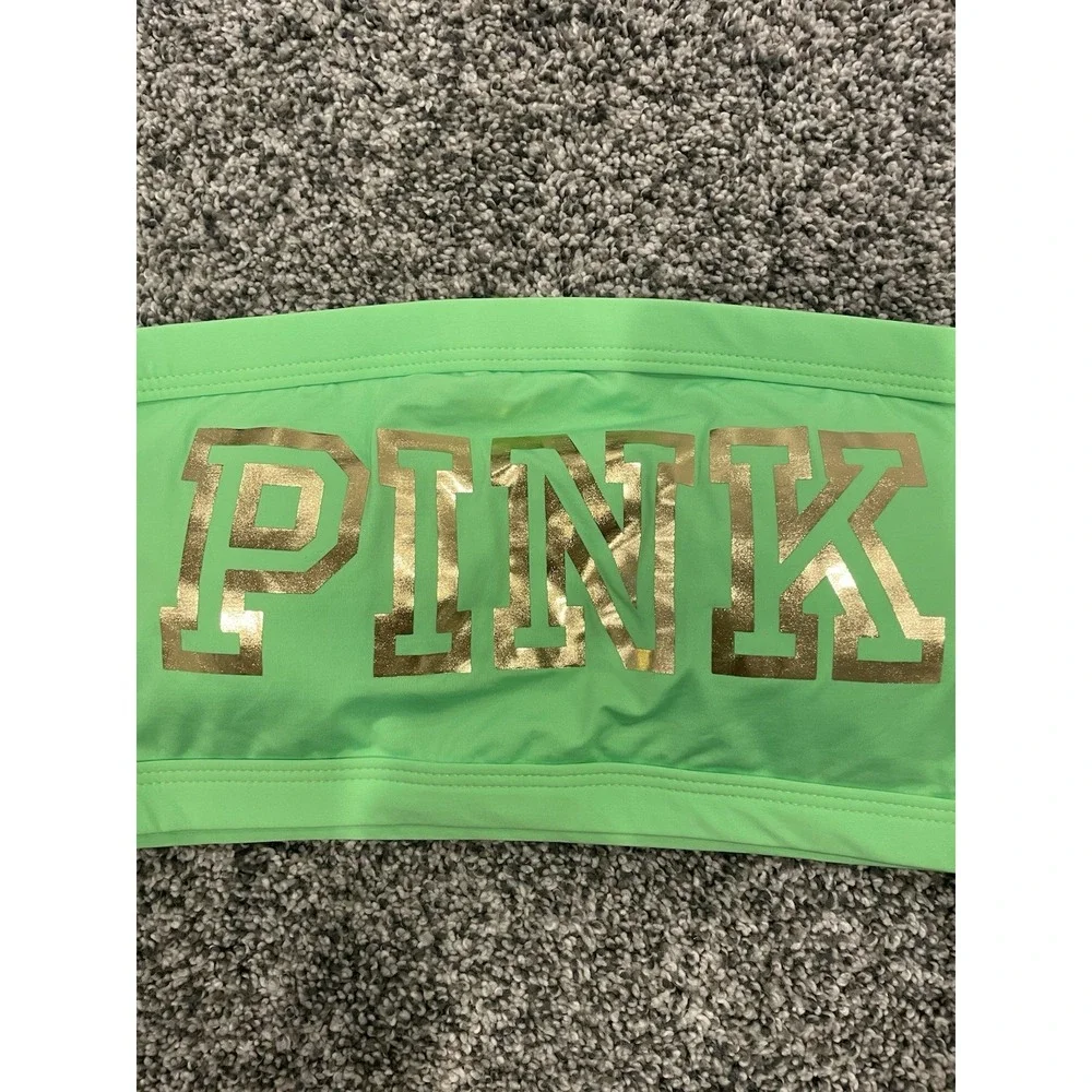 Victoria's Secret PINK Bandeau Bikini Swim Top Neon Green Gold Logo Size Large